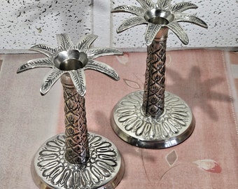 antique pair of candlesticks,Vintage solid mid century modern palm tree silver plated brass candlestick pair.