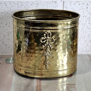 Large oval solid brass plant pot, vintage brass flower pot cover.