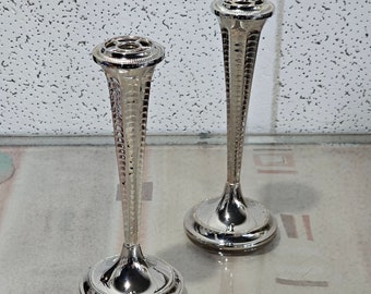 Pair of silver plated bud vases, Brama Made in England, Silverplate vase or candlestick in zinc.