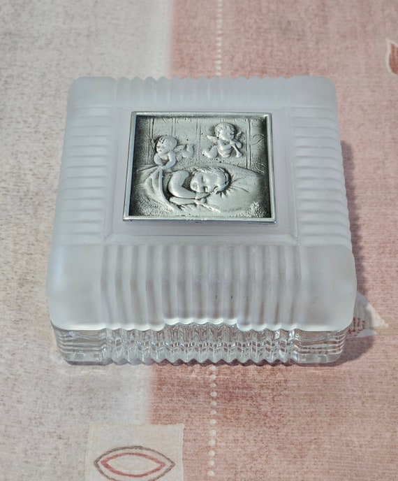 Glass Cigarette Box, Vintage Glass Cigarette Box With Pewter Angel  Sculptures Above