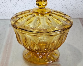 amber glass candy dish, vintage Anchor Hocking Fairfield Amber Depression Glass footed dish with lid