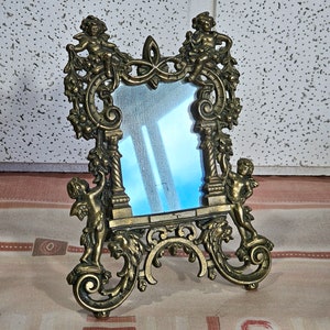 Mirror solid brass, rare vintage French solid brass mirror from mid century, rare antique.