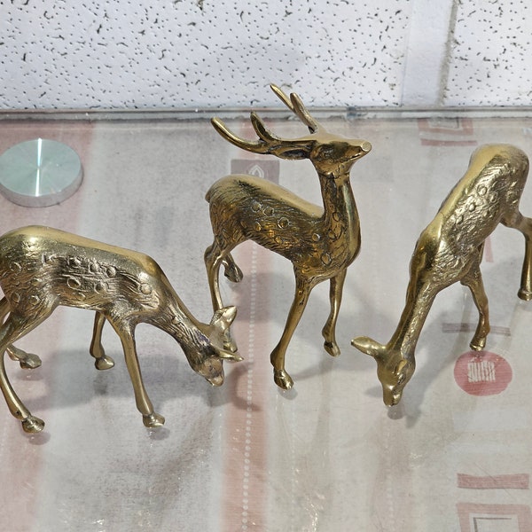 brass deer figurines,set of three brass deer statue,mid century stags and doe, brass deer decor,one male and two females, reindeer ornament.