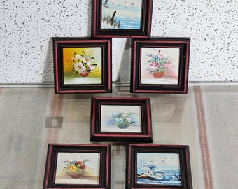 set of 6 vintage floral oil painting framed still life bouquet mini flowers mid century, vintage plastic frame.