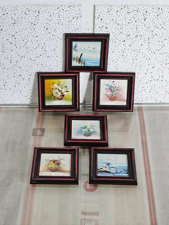 ビンテージ花油絵6枚セット、フレーム付き静物画ブーケ、ミニフラワー