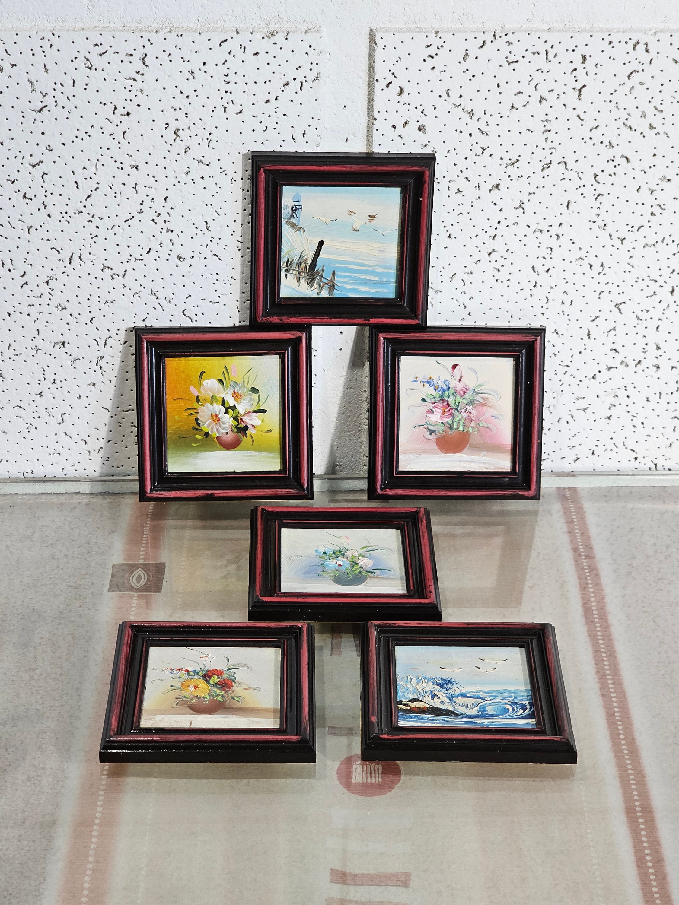 ビンテージ花油絵6枚セット、フレーム付き静物画ブーケ、ミニフラワー