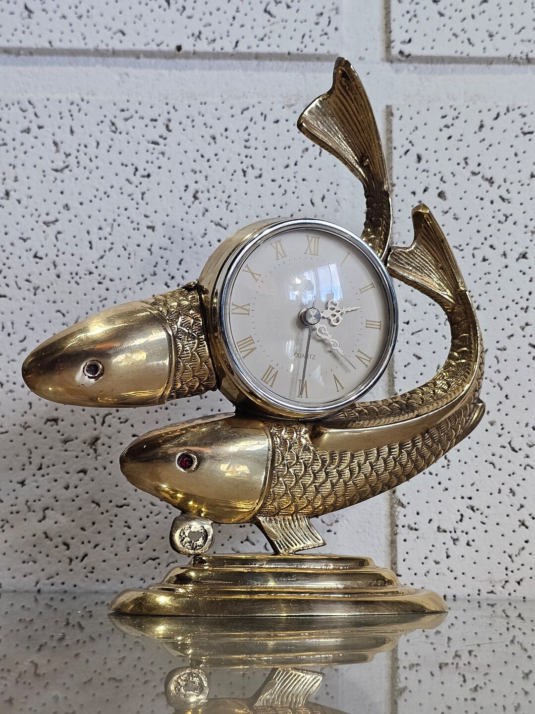 Double Fish Table Clock in Brass, Vintage Fish Figurine Clock in Solid ...
