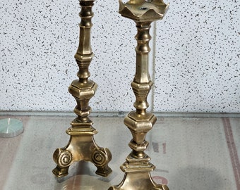 old 19th century candle holders in very heavy solid brass, set of 2 very old vintage bronze candle holders.