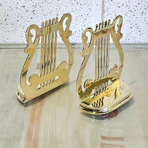 bookends Music themed design Vintage style Solid brass Fabric base, Pair of vintage harp symbols solid brass harp musical stick lyre.