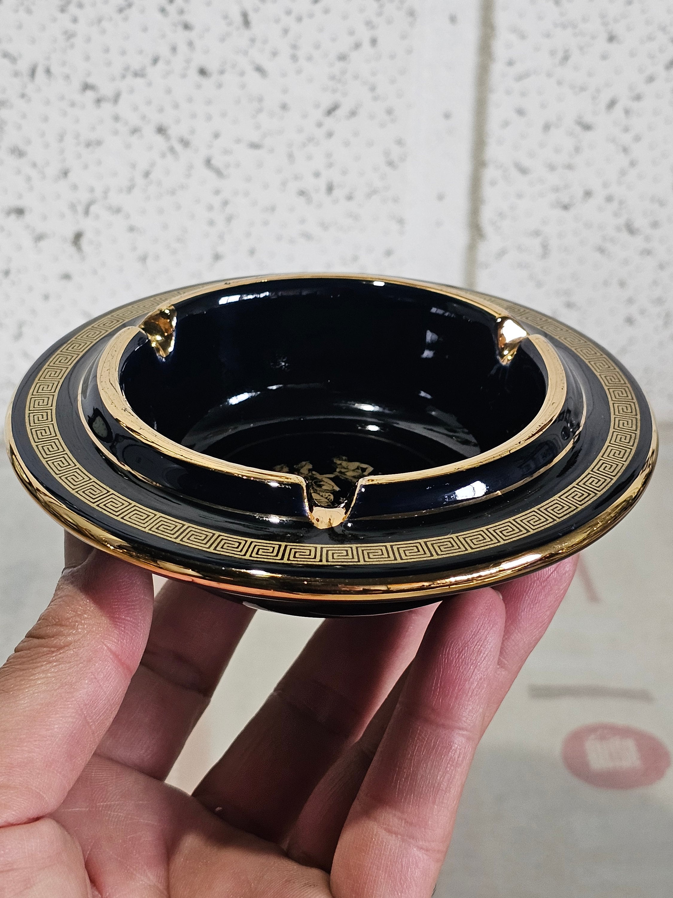 Vintage Greek Handmade Ashtray Black With 24 Carat Gold. Art Decor