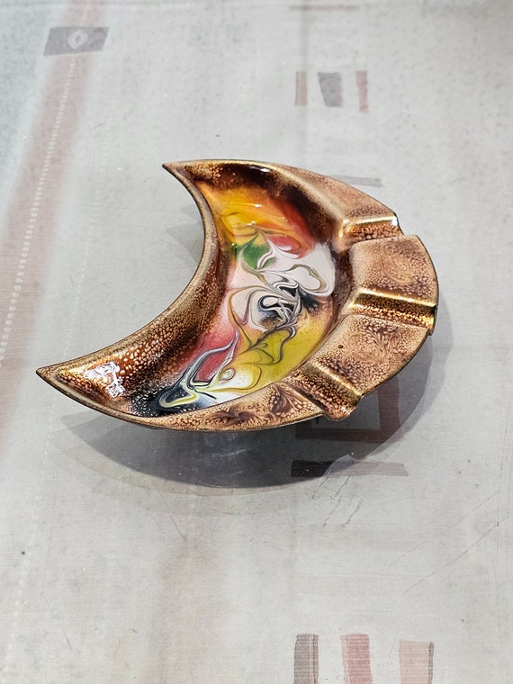 ヴィンテージパーティション銅灰皿、アンティークマルチカラー七宝焼き