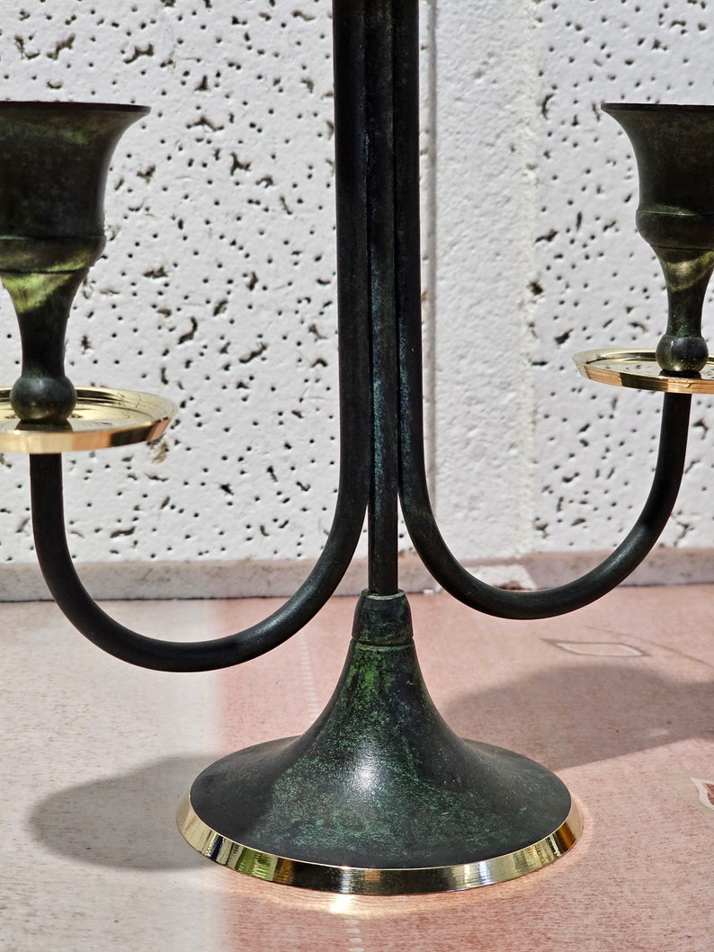 Vintage antique brass candlestick of three candles, antique brass candelabra image 3
