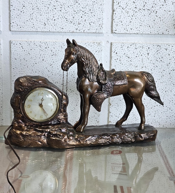 Vintage Copper Bronze Horse Stallion Electric Mantle Clock Rustic