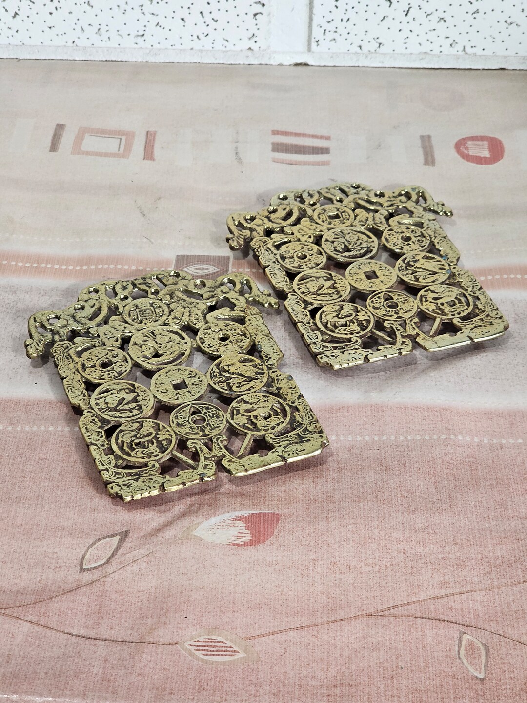Pair Vintage Chinese Coin Chinoiserie Trivets Brass Etsy