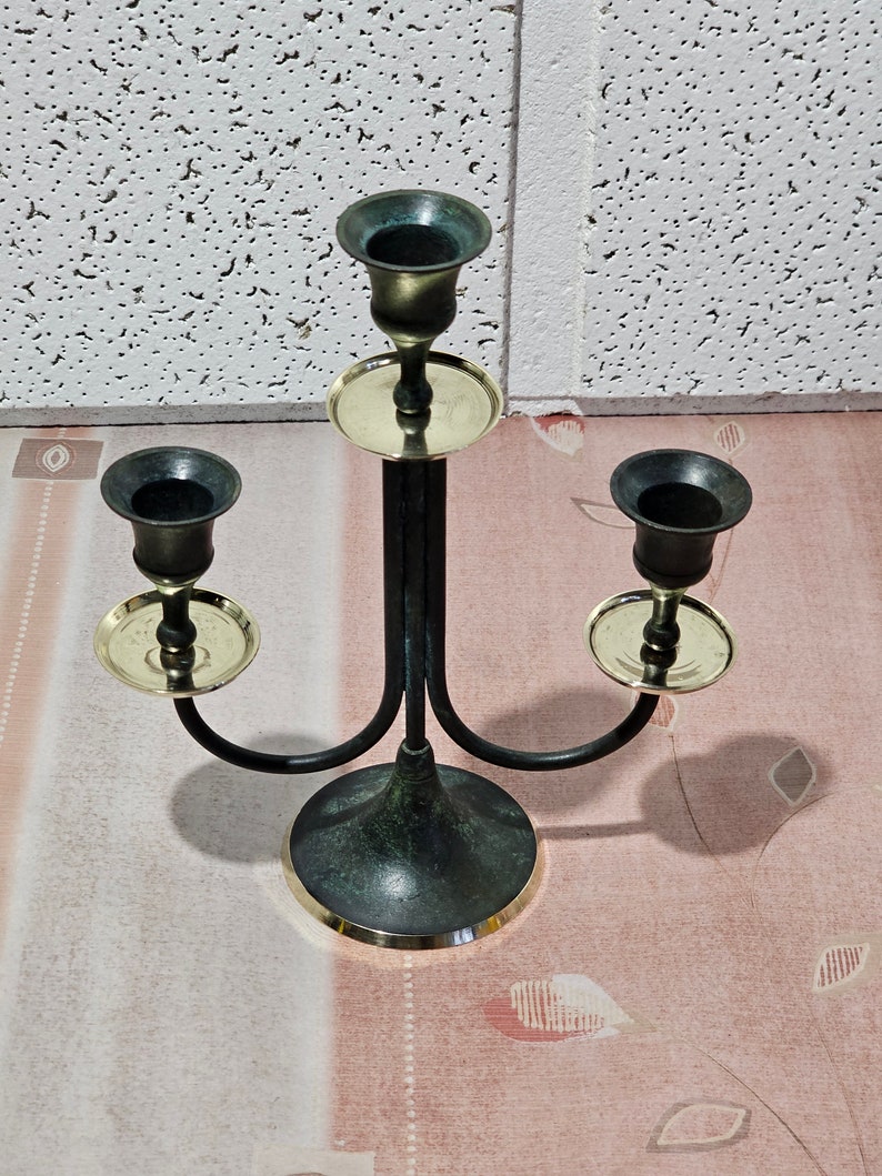 Vintage antique brass candlestick of three candles, antique brass candelabra image 4
