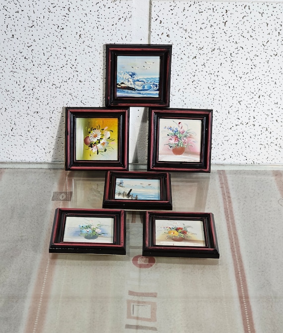 ビンテージ花油絵6枚セット、フレーム付き静物画ブーケ、ミニフラワー