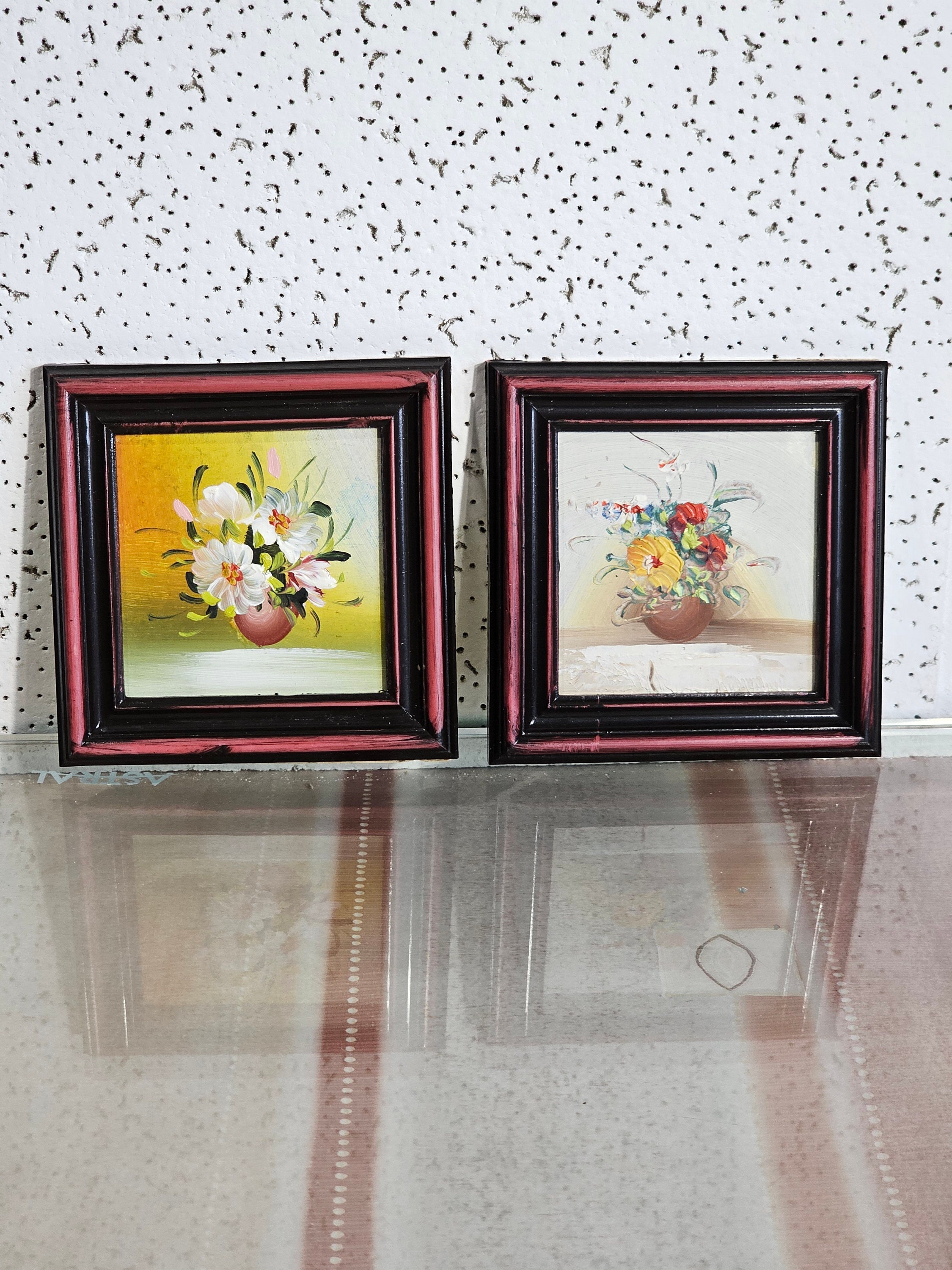 ビンテージ花油絵6枚セット、フレーム付き静物画ブーケ、ミニフラワー
