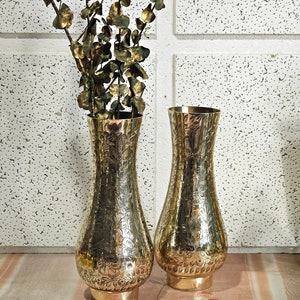 brass vases, pair of solid brass vases engraved flowers, crafts solid brass vases.