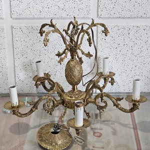 antique solid brass 5 light chandelier, mid century brass chandelier.