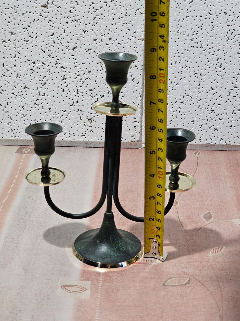 Vintage antique brass candlestick of three candles, antique brass candelabra image 8