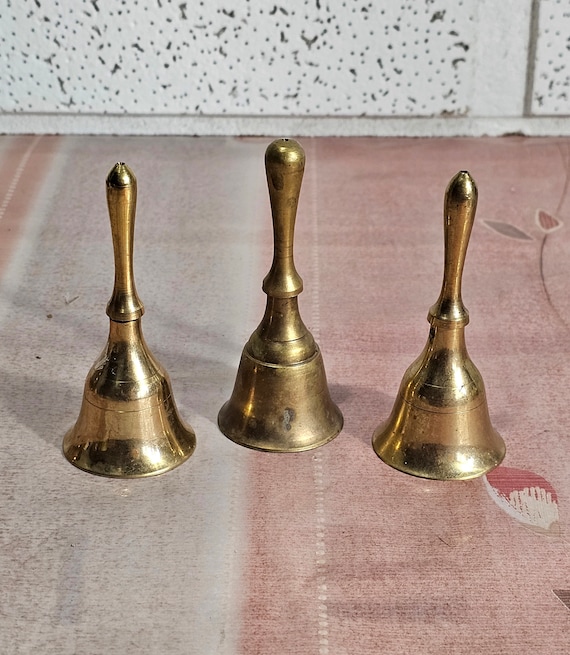 solid brass bells, three vintage antique hidalgo brass bell.set of three mini brass bells.