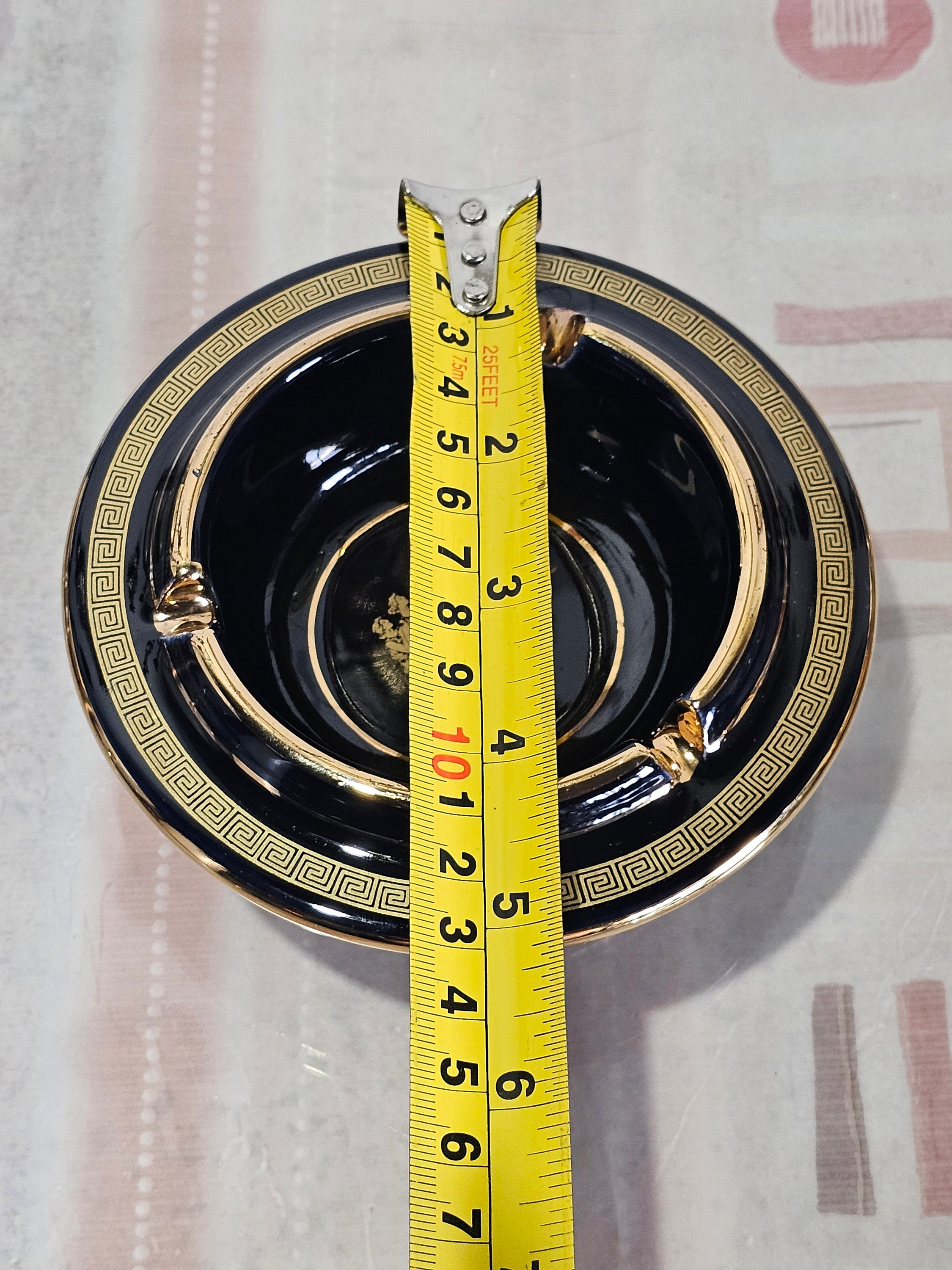 Vintage Greek Handmade Ashtray Black With 24 Carat Gold. Art Decor