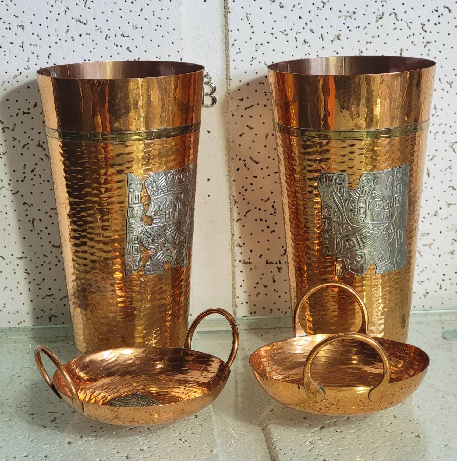 Vintage Copper Set With Pewter Inca Sculpture Above / Two Large Pots ...