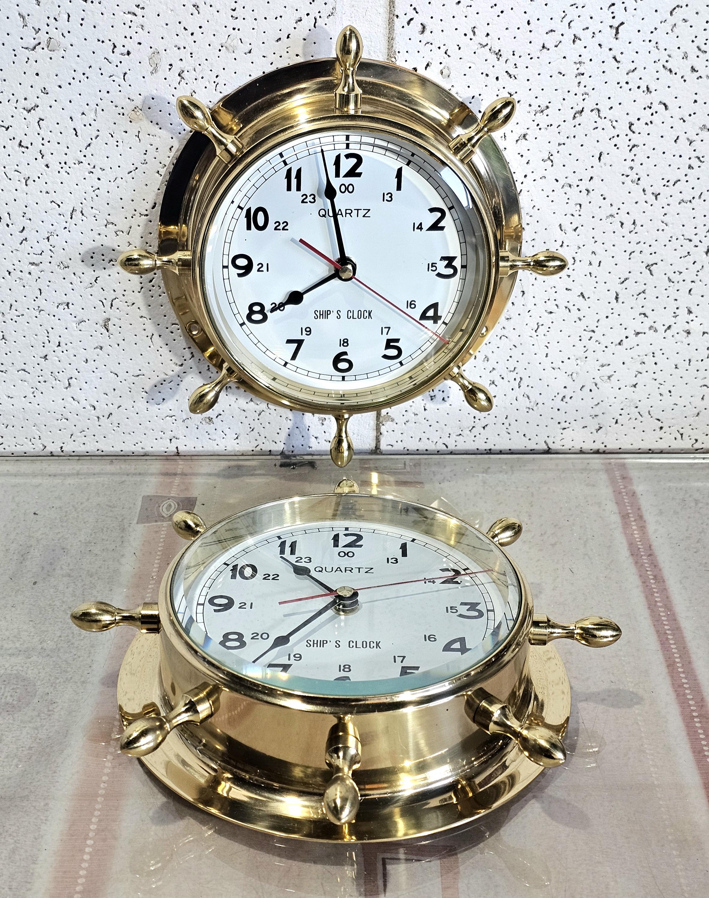 Solid Brass Ship Wheel Clock, Pair of Solid Brass Ship Wheel