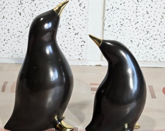 Brass penguin sculpture, couple in cloisonné brass. rare vintage couple of penguins in cloisonné brass.