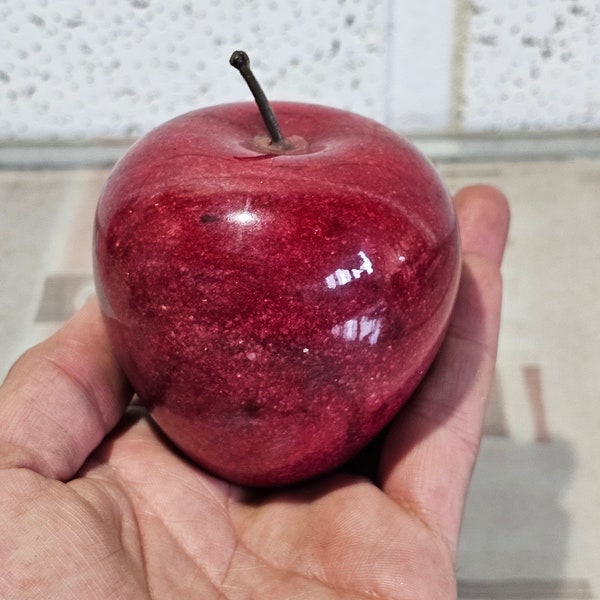 Marble Stone Apple Figurine Miniature Apple Statue Home Office Desk Decoration, Vintage Pitted Red Apple Paperweight.