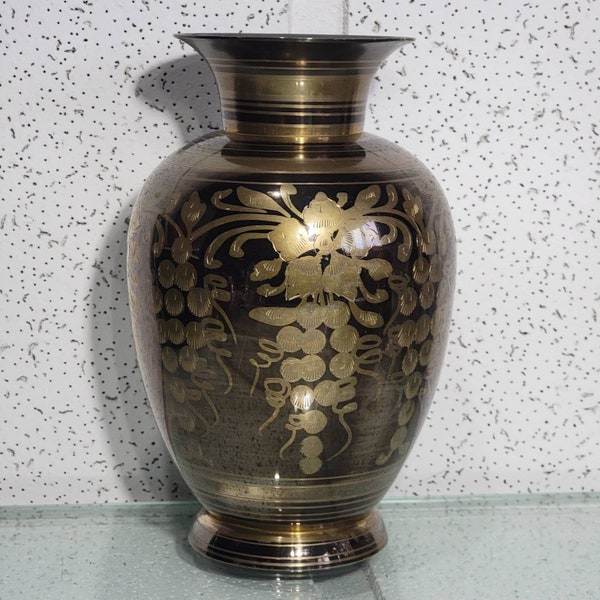 vintage large hand-engraved black brass vase / antique black and gold brass vase .