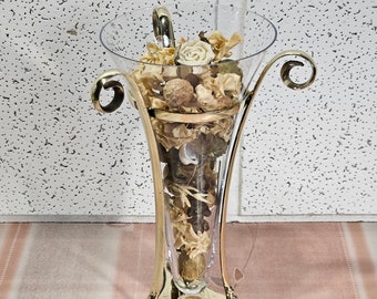 Transparent glass flower and brass pedestal stand, vase with dried flowers Tri Stand.Brass pedestal stand holder