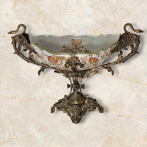WL 1895 Wong Lee Porcelain Bowl and bronze,Luxurious large Bowls Fruit Bowl Porcelain/Bronze, Bronze Handles Antique.