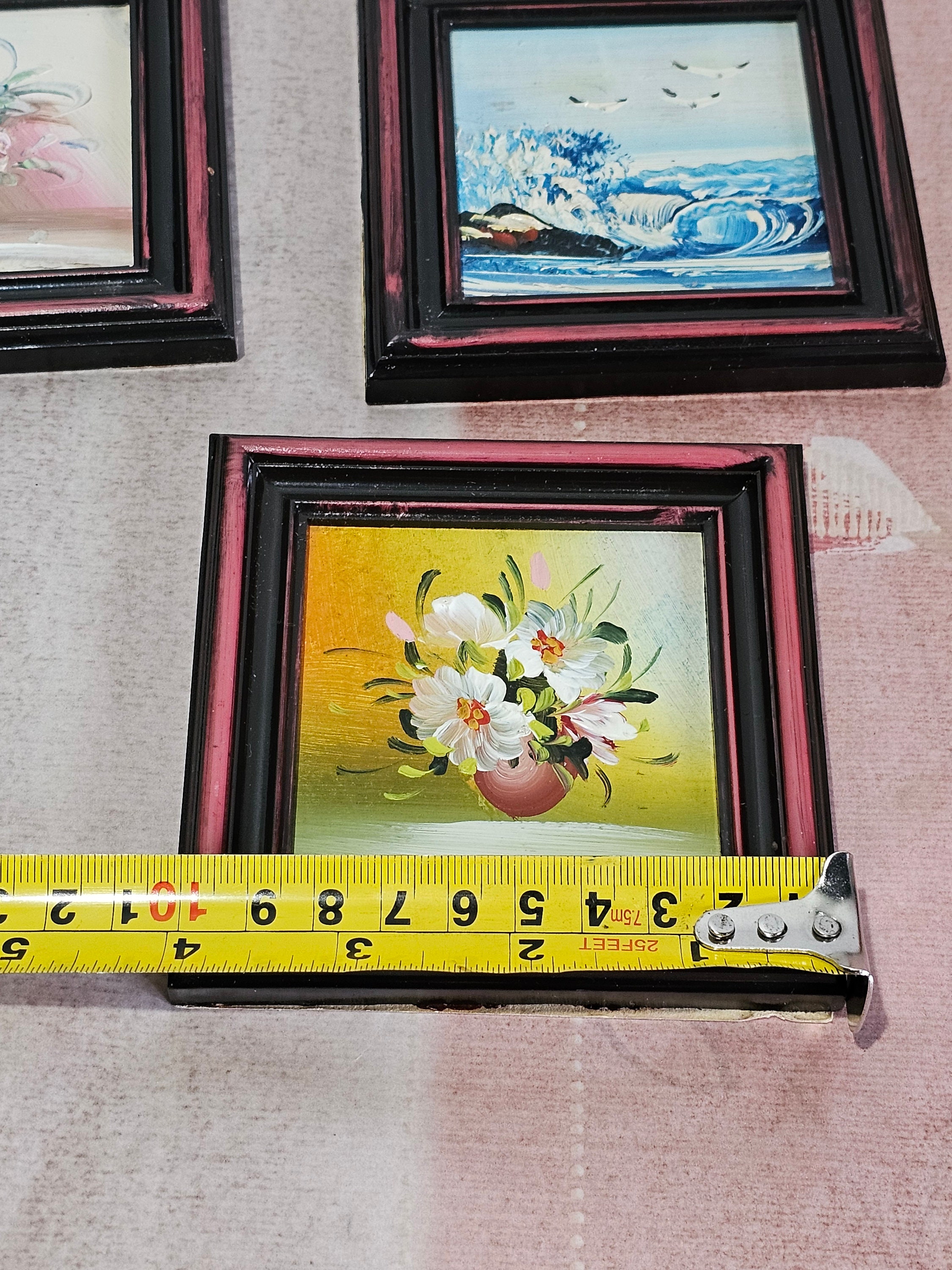 ビンテージ花油絵6枚セット、フレーム付き静物画ブーケ、ミニフラワー