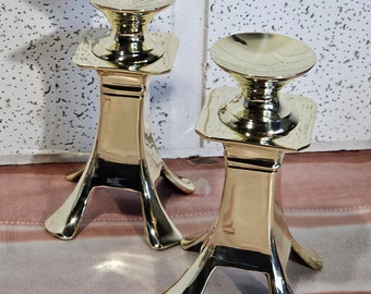 Rare Vintage pair of heavy solid brass candlesticks, gold brass candlestick pair.