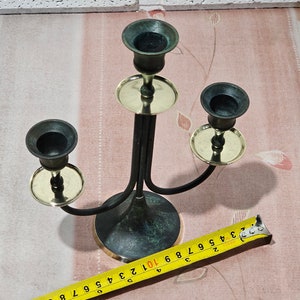 Vintage antique brass candlestick of three candles, antique brass candelabra image 9