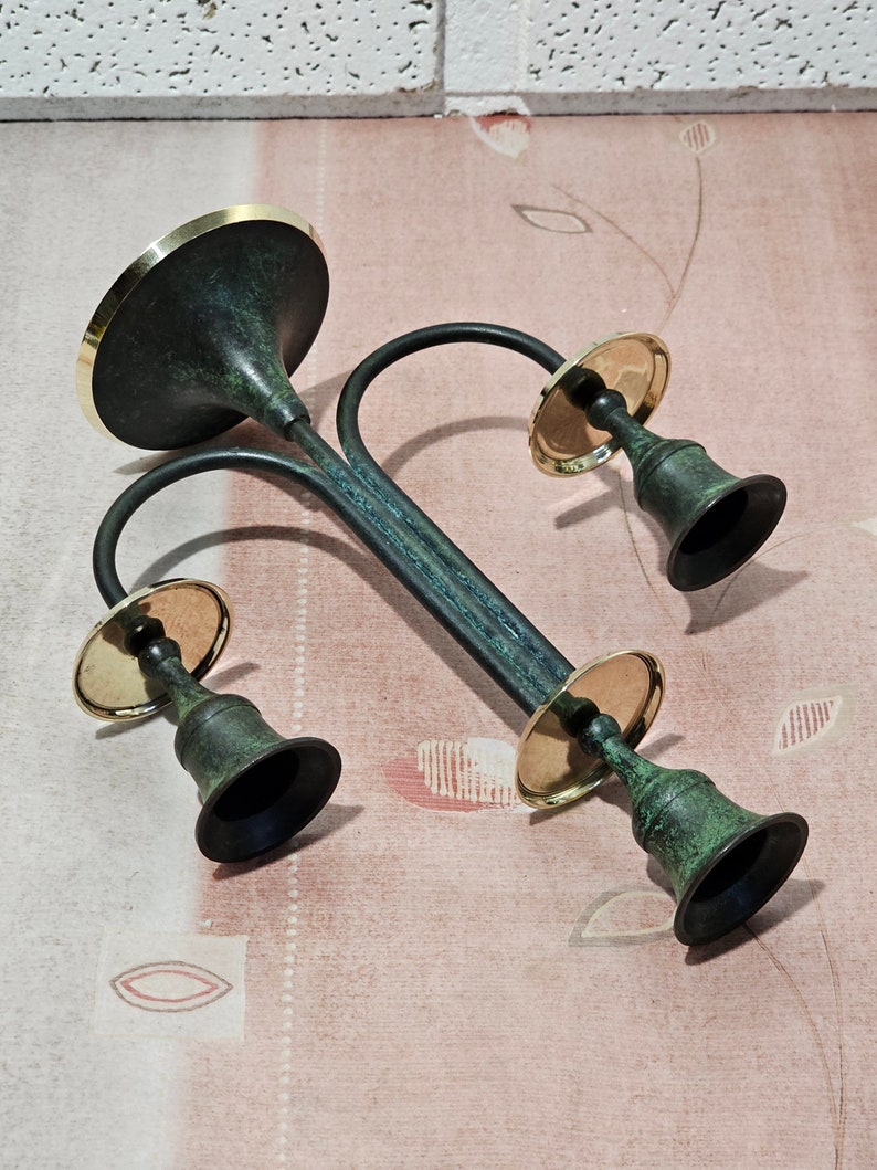 Vintage antique brass candlestick of three candles, antique brass candelabra image 7