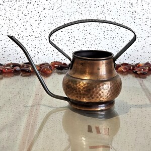 May include: A small, antique copper watering can with a long, curved spout and a black handle. The body has a hammered texture. The watering can is designed for indoor plants and small gardens.