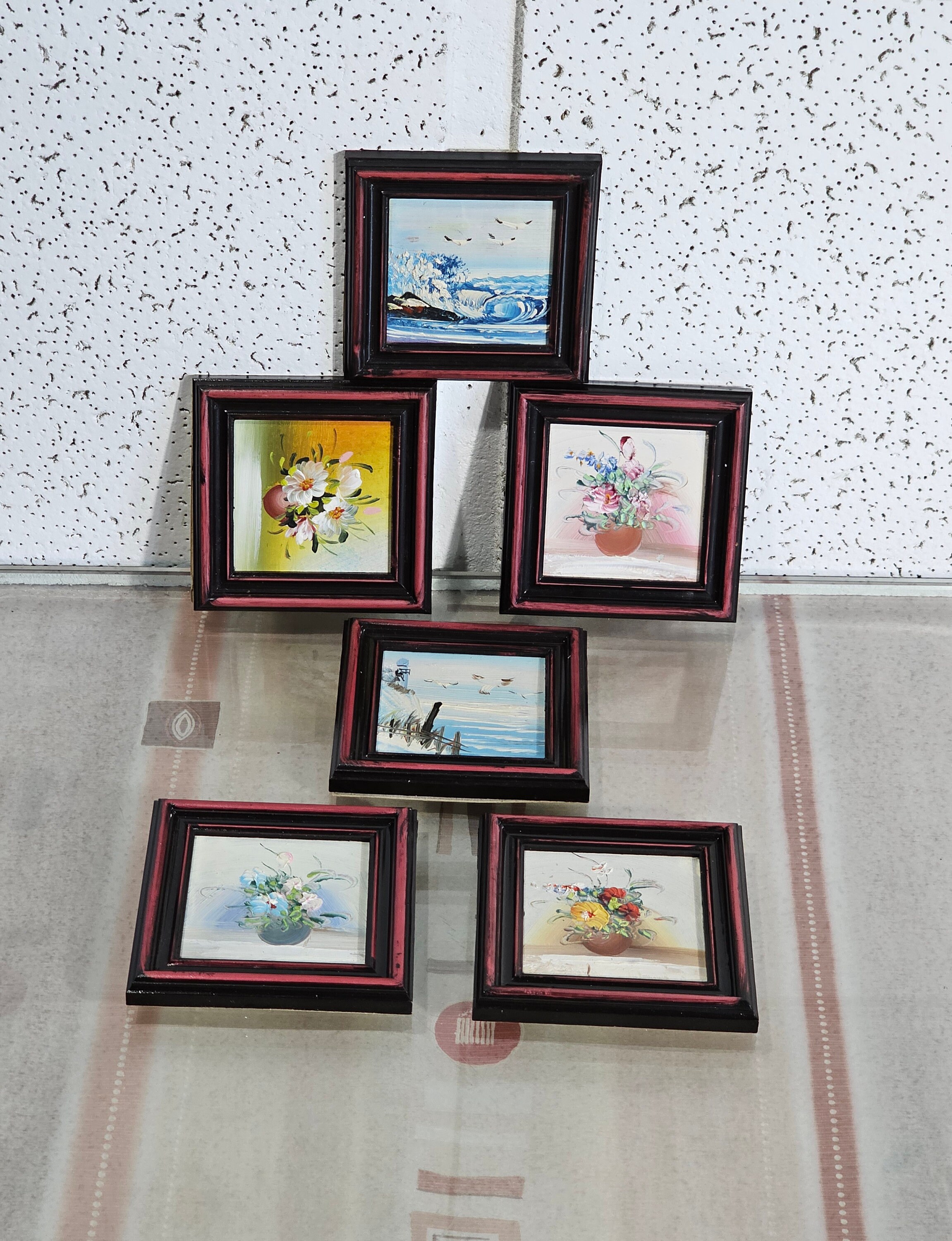 ビンテージ花油絵6枚セット、フレーム付き静物画ブーケ、ミニフラワー