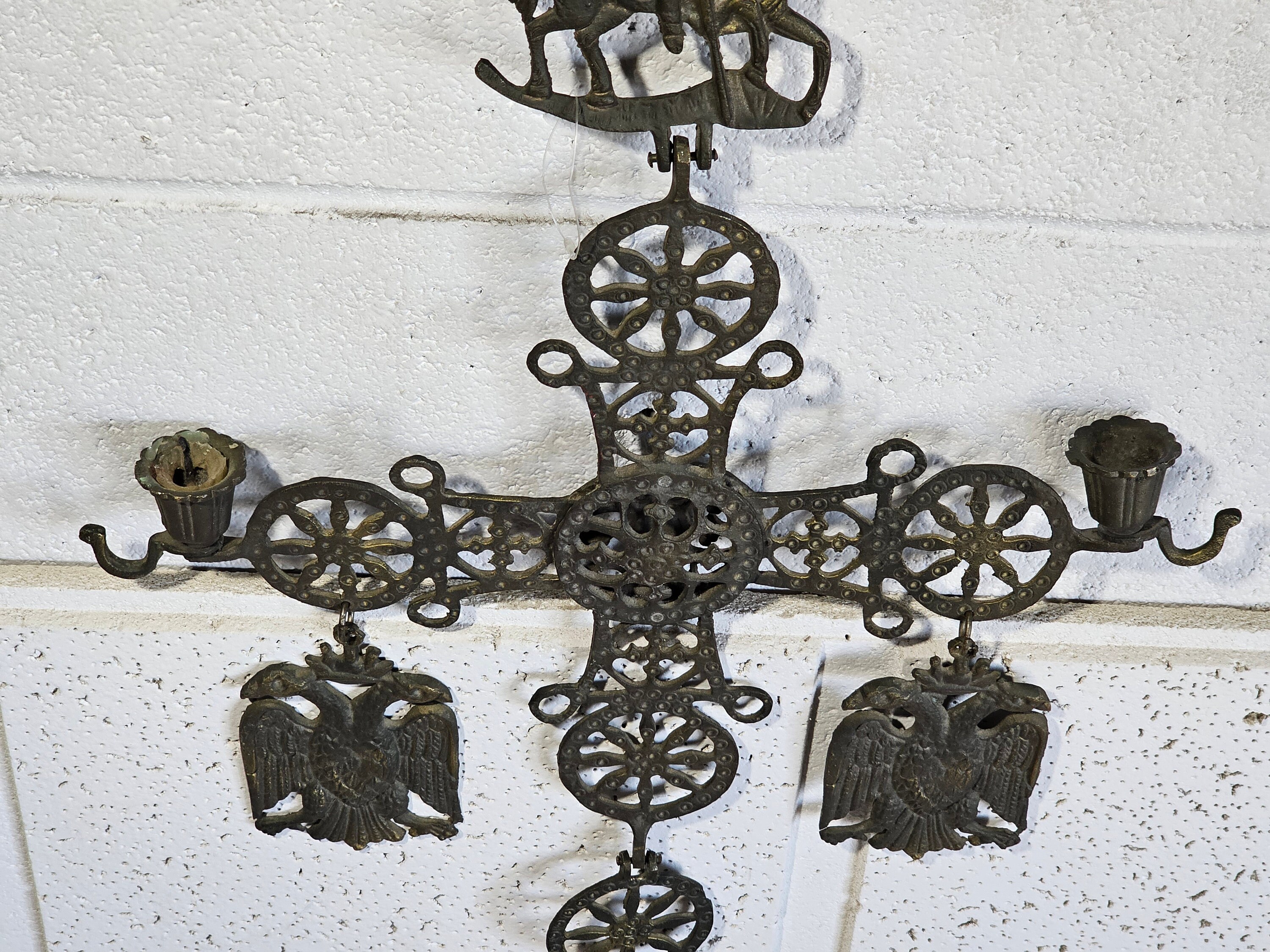 Vintage Brass Hanging Byzantine Cross, Knight and Eagles , Antique