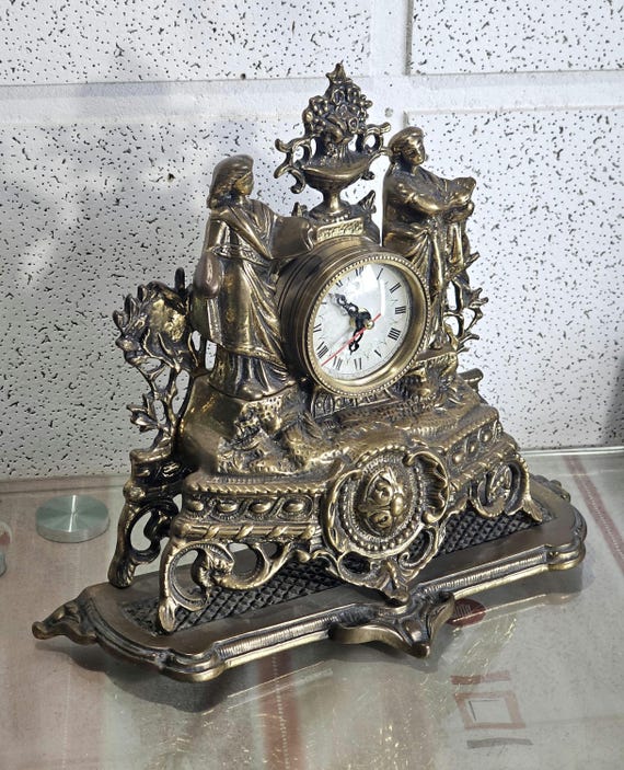 Old Mantel Clock, Table Mantel Clock, Very Heavy Solid Brass