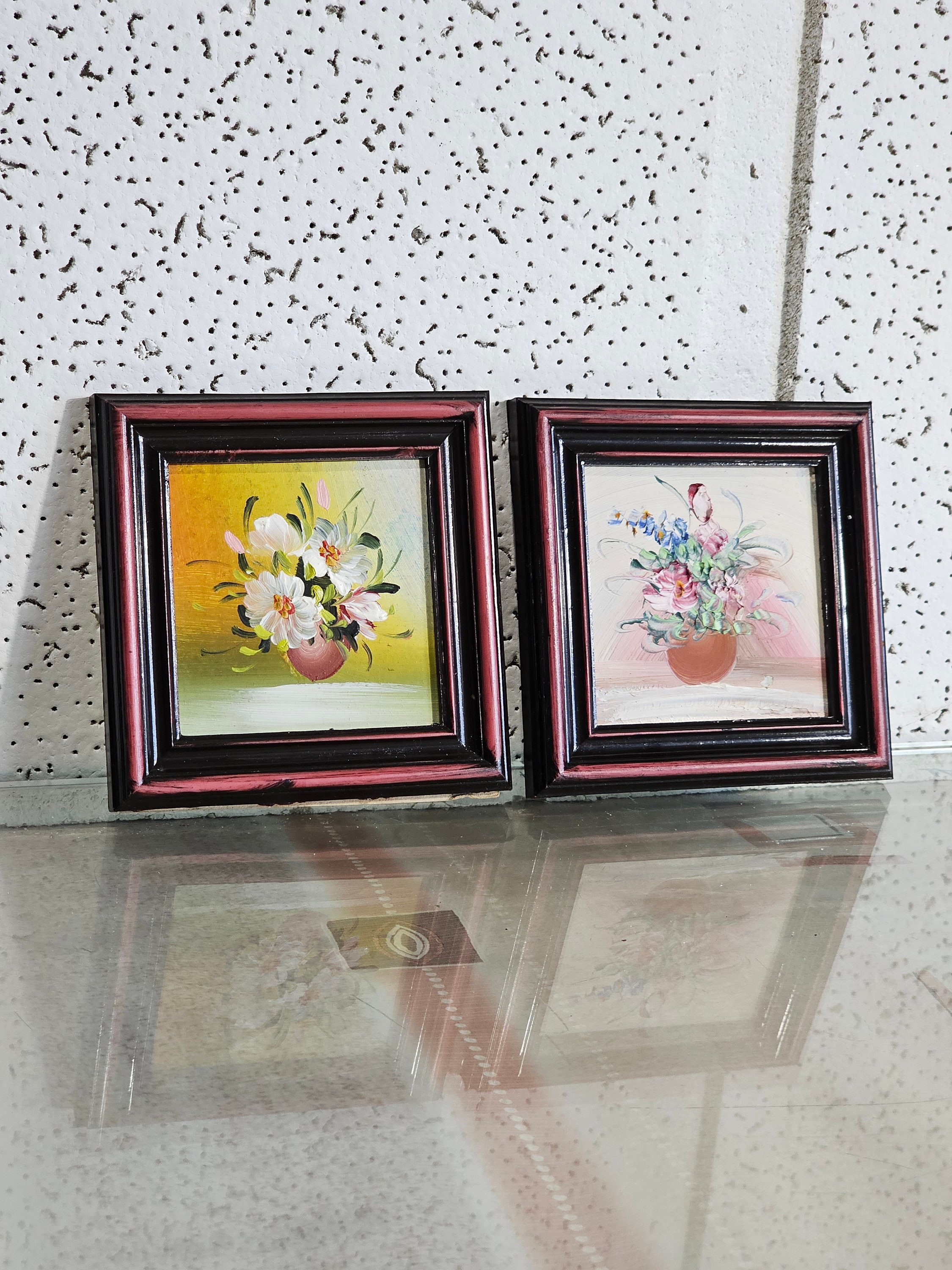 ビンテージ花油絵6枚セット、フレーム付き静物画ブーケ、ミニフラワー