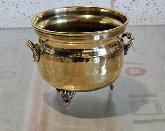 solid brass flowerpot, solid brass flowerpot cache. vintage brass planter pot with (3) soleplates and (2) handles shiny aged patina.