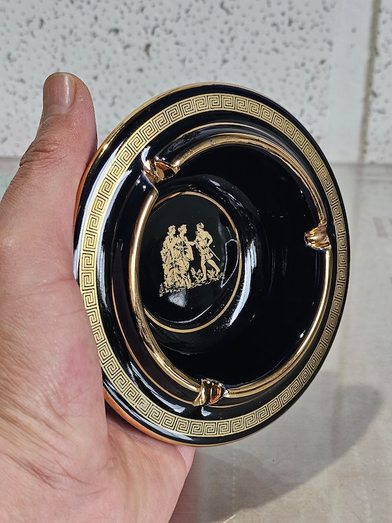 Vintage Greek Handmade Ashtray Black With 24 Carat Gold. Art Decor