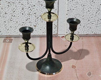 Vintage antique brass candlestick of three candles, antique brass candelabra