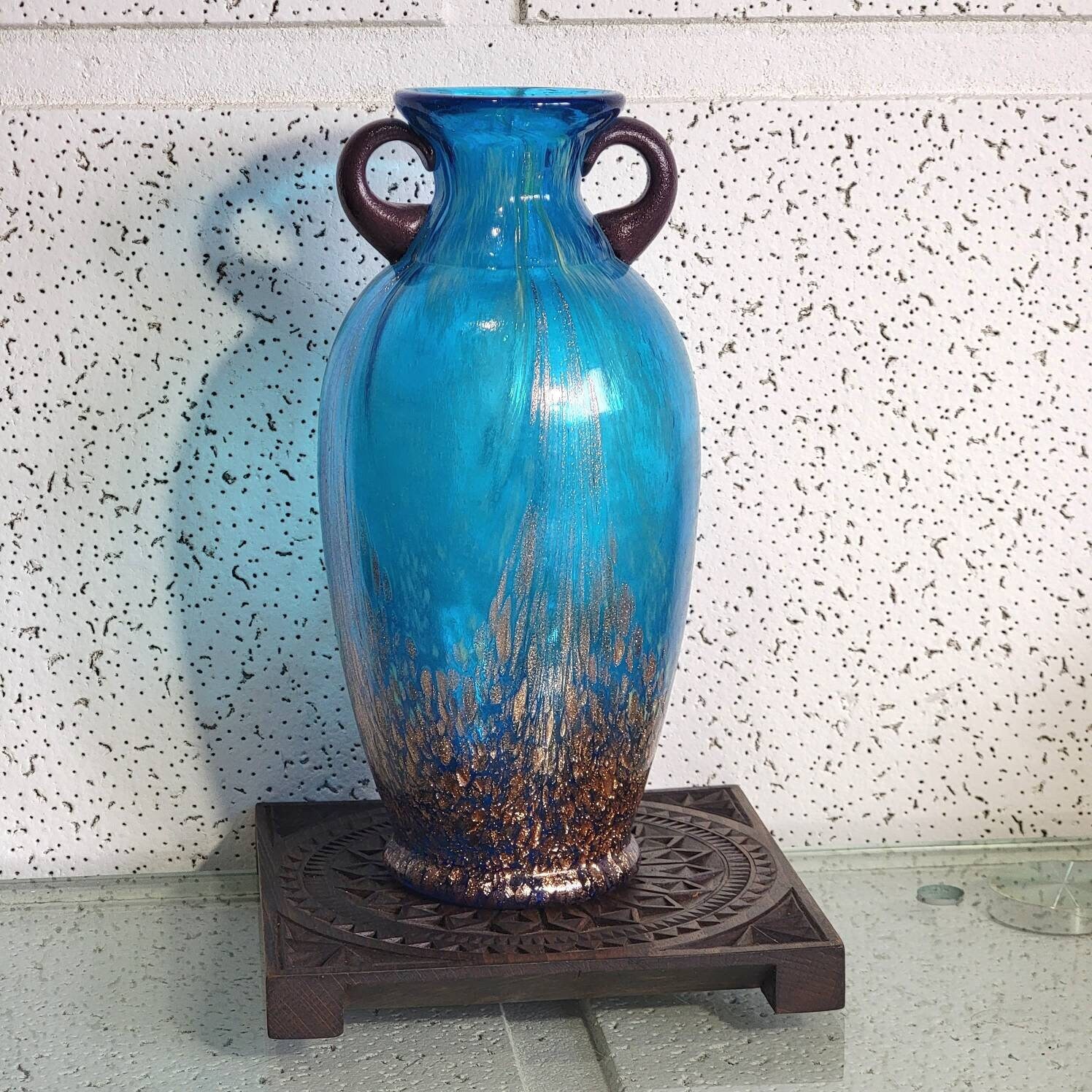 Vase Amphore En Verre Bleu - Déco Ancien Style Sur Pied, 22cm De Haut