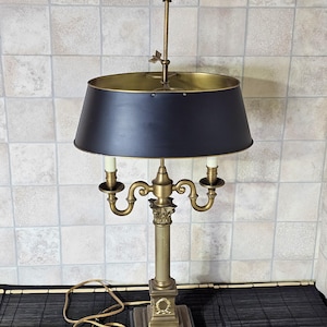 Brass bouillotte table lamp with brass shade, Bouillotte lamp with black metal base.