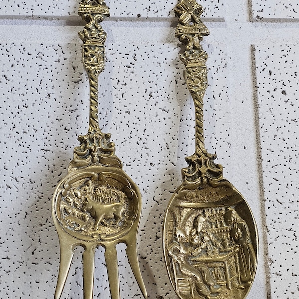 Antique Dutch Spoon and Fork Decorative Figurative Accent,Vintage Serving Duo: Netherland Stamped Spoon & Fork - Time-Honored Design.