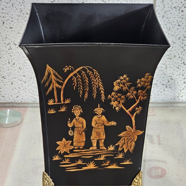 Beautiful Tole Chinoiserie metal planter, black metal flower pot on brass base, rare antique.