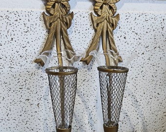 set of solid brass wall sconces w/ glass epergne vases, Vintage Bombay Company Brass Ribbon Bow Wall Sconce Set Of 2 With Wire Mesh Vase.